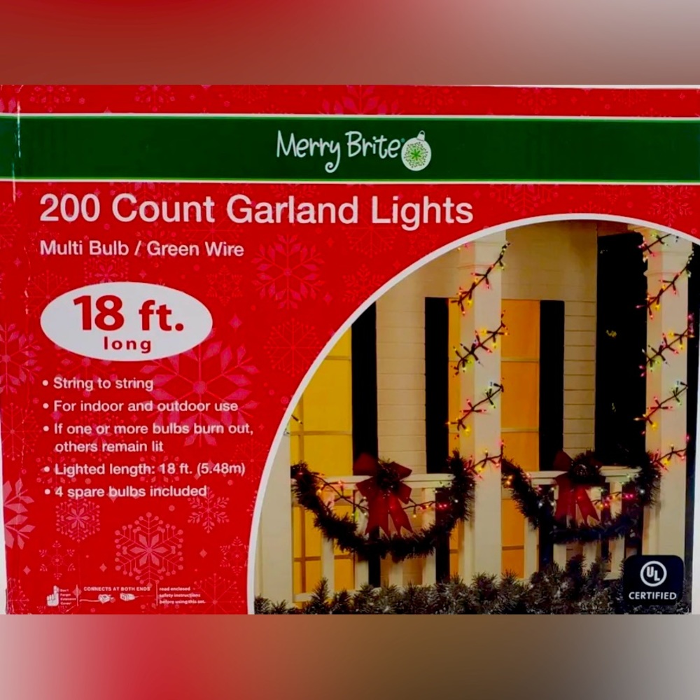 Merry Brite 200 ct Garland Lights Multi Color Bulb Green Wire Indoor Outdoor